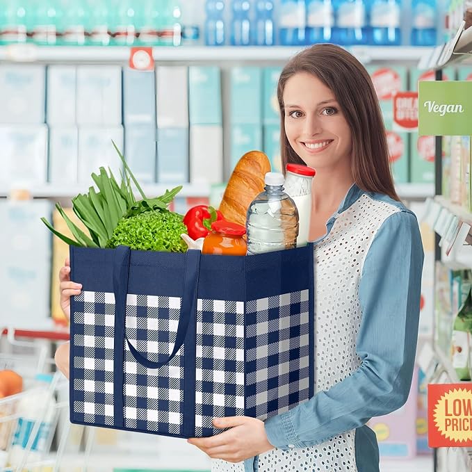 WOWBOX Reusable Grocery Bags, Foldable Reusable Shopping Tote Bags | 6-Pack Large Storage Bags bulk with Reinforced Handles and Water Resistant Coating for Groceries,Multipurpose,Blue-White - Image 3