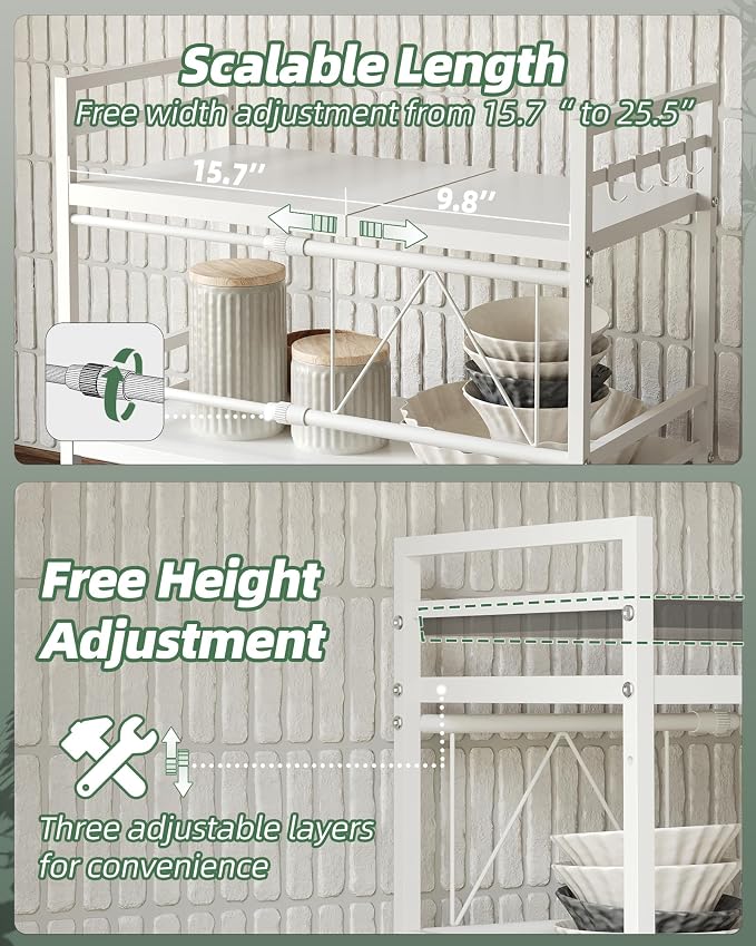 3 Tier Expandable Microwave Stand countertop,Microwave Oven Rack | microwave shelf, storage shelves for pans &appliances,Adjustable partition height，55 Lbs load Per Tier,White - Image 8