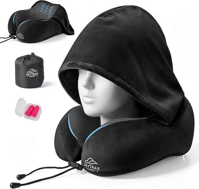 SkytraxComf® Travel Neck Pillow with Hood for Privacy on Long Flights | Memory Foam | Airplane Sleep | Safety-Tested Materials | Extra Large Hood | Chin Support | Earplugs | Washable Cover by SKYTRAXCOMF