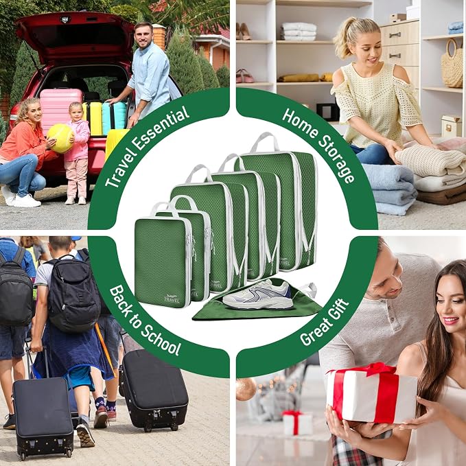 6 Set Compression Packing Cubes, Suitcase Organizer, Lightweight Travel Essentials, Compression Bags For Travel Accessories Luggage Storage Set (6Pcs, Green) - Image 7