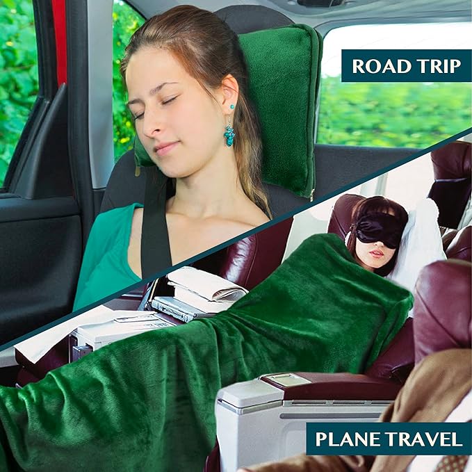 PAVILIA Travel Blanket Pillow, Soft Airplane Blanket 2-in-1 Combo Set, Plane Blanket Compact Packable, Flight Essentials Car Pillow, Travelers Gifts Accessories, Luggage Backpack Strap, 60x43 Green - Image 5