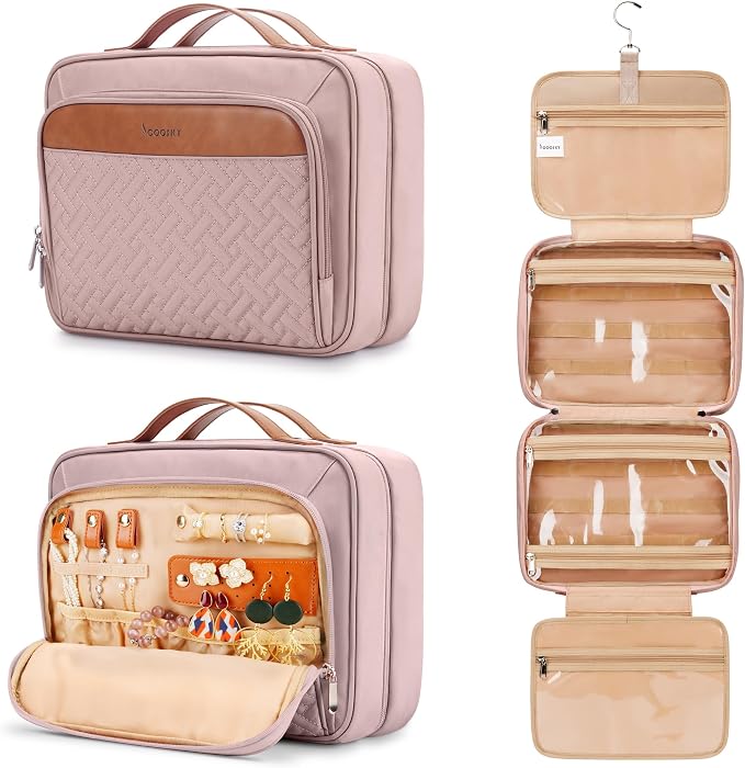 Travel Hanging Toiletry Bag for Women, with Jewelry Organizer Compartment, Medium Waterproof Hanging Makeup Accessories, Cosmetic Essentials, Toiletries Dopp Kit Set with Trolley Belt, Baby Pink by COOSKY