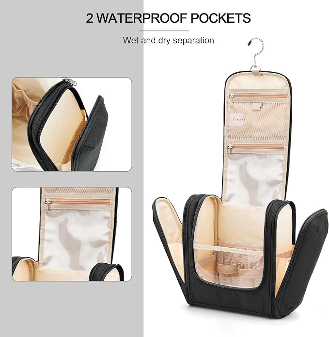 Hanging Travel Toiletry Bag for Women and Men, 6 Organizer Compartments, Large Toiletries essentials, Bathroom Cosmetic Accessories, Water-resistant Makeup Bag, Holds Full-Size Shampoo, Black - Image 5