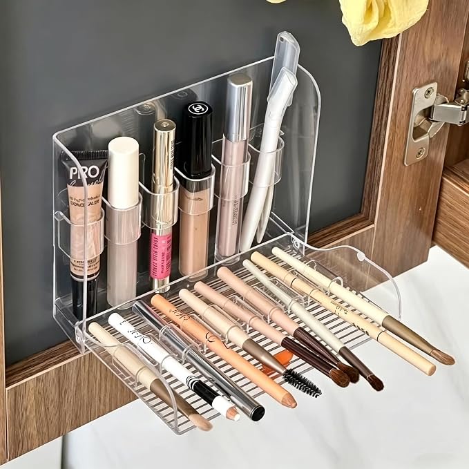 Foldable Adhesive Makeup Brush Holder, 16-Slot Clear Acrylic Organizer with Dual-Row Snap Buckle, Slim No-Drill Design for Medicine Cabinet & Vanity - Image 2