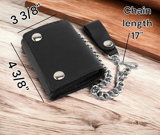 RFID Blocking Men's Tri-fold Vintage Biker Cowhide Leather Steel Chain Wallet,Snap closure, Made In USA,GL315,black - Image 2