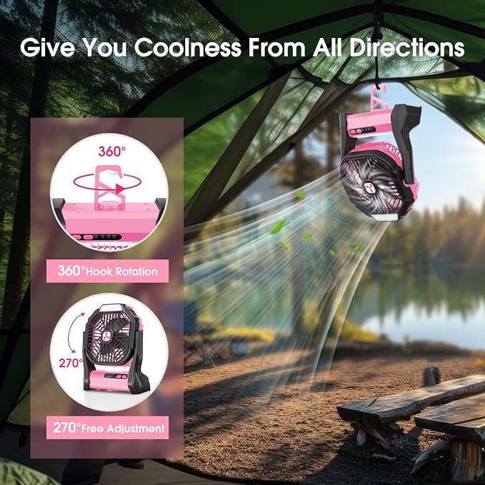 Peouix Portable Rechargeable Fan, 20000mAh Cordless Battery Powered Camping Tent Fans with LED Lantern, Operated Outdoor Ventiladores for Travel Camp Fishing Office Home Essentials | Pink - Image 4