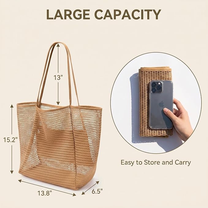 Mesh Beach Tote Bag for Women, Sandproof Quick Dry Foldable Travel Bag - Image 2