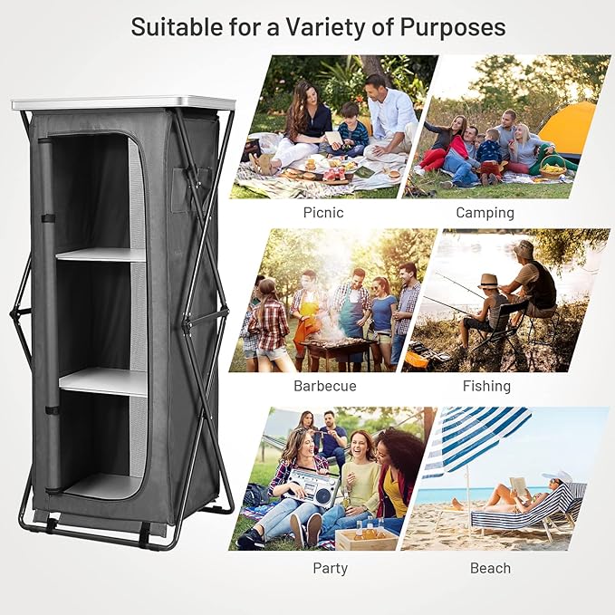 Giantex Folding Camping Storage Cabinet with 3 Shelves and Carry Bag, Portable Outdoor Organizer Kitchen Table, Quick Set-up for BBQ, Picnic, Backyard, Compact Pop-Up Cupboard, 55''H - Image 7