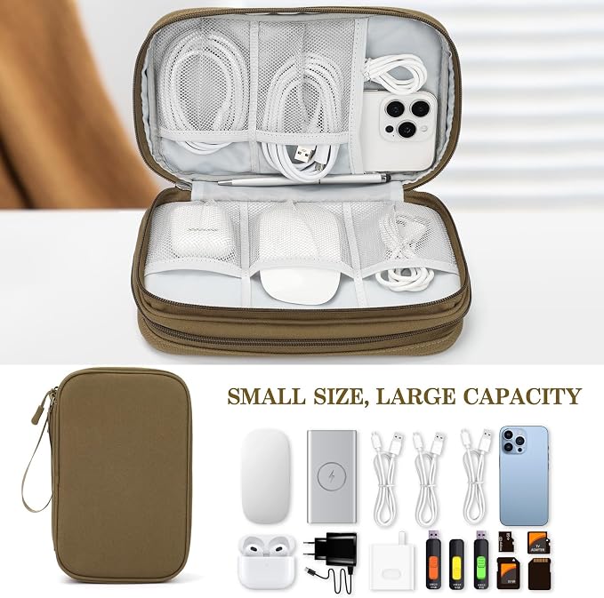 FYY Electronic Organizer, Travel Tech Pouch Bag, Large, Brown | Wrist Strap, Waterproof, Double Layers Portable Electronics Travel Carrying Case for Cord, Charger, Daily Business Trips Use - Image 6