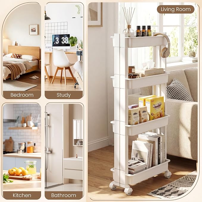 Giantex 4-Tier Slim Rolling Storage Cart, 9" W Narrow Slide Out Plastic Organizer Rack with Wheels, Mobile Utility Cart w/Shelving Unit for Kitchen, Bathroom, Office, Laundry Room - Image 9
