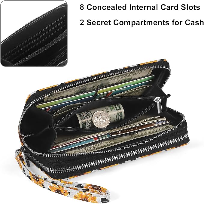 RFID Wallet with Phone Pocket for Women - Double Zipper Wristlet Purse Large Capacity, 17 Card Slots, Coin Pocket, Cow Sunflower - Image 4