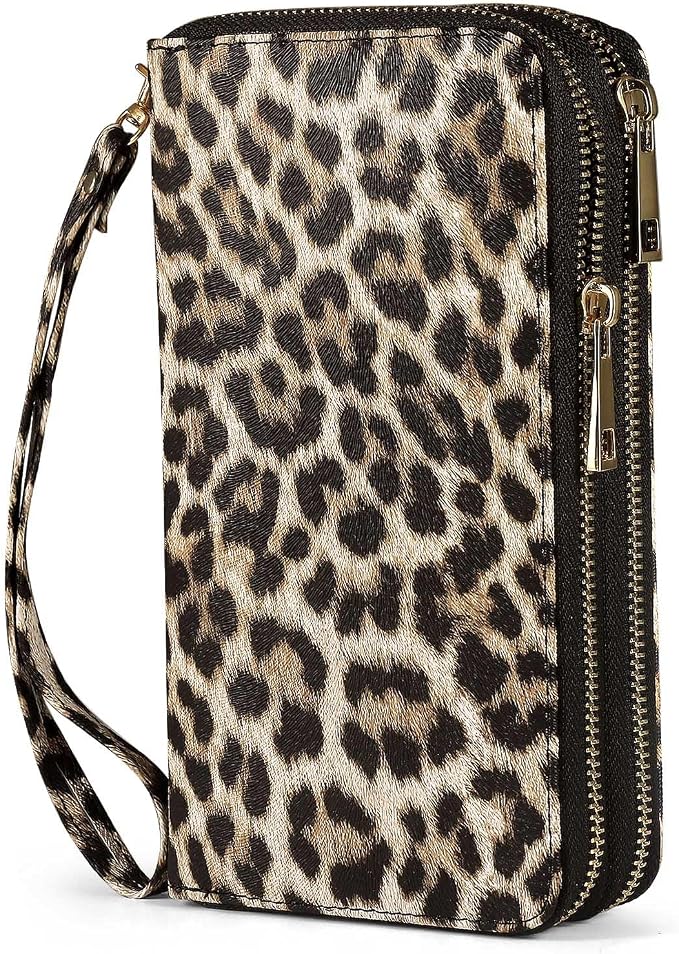 RFID Blocking Cellphone Wallet for Women with Removable Strap, Double Zipper Wristlet Bag Large Capacity, Passport Travel Clutch Purse, Leopard by HAWEE