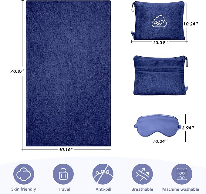 Travel Blanket, Airplane Blanket, Ultra-Soft, Warm & Lightweight, 65x40 in, Outdoor Blanket Essentials for Women, Men & Kids, Included Eye Mask, Luggage Sleeve & Backpack Clip Navy Blue - Image 6