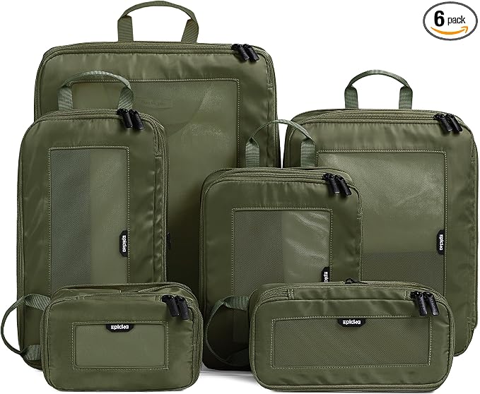EPICKA TripCozy Compression Packing Cubes, 6 Set, Olive Green | Durable Expandable Travel Organizer Bags with Mesh Tops for Space-Saving Storage of Clothes & Accessories in Luggage by EPICKA