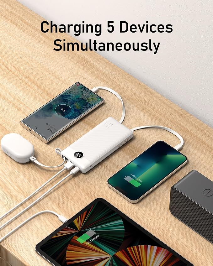 VEEKTOMX 10000mAh Portable Charger with 4 Built-in Cables | Slim Power Bank, USB-C Battery Pack with iPhone & Micro USB, TSA Approved Travel Charger for iPhone, Samsung, Android, White - Image 4