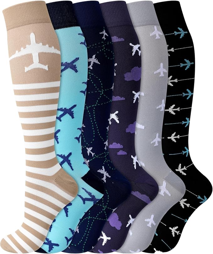 Skicuff 6 Pairs Airplane Compression Socks for Men Women 15-25 Mmhg Graduated Knee High Travel Socks for Flight Flying Pilots by Skicuff