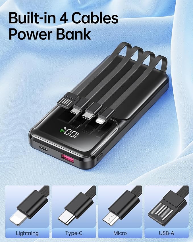 RONEGN Portable Charger with Built in Cable 20000mAh Fast Charging | Power Bank USB C Slim 22.5W LED Display Battery Pack 5 Outputs & 3 Inputs for Travel Essentials iPhone Samsung Phones Black - Image 2