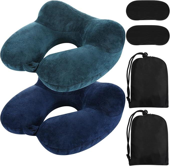 Sintuff 2 Pack Inflatable Travel Pillow for Airplanes Inflatable Neck Flight Pillows with Compact Bag and Blindfold for Traveling, Airplane, Train, Car, Office(Peacock Green and Blue) by Sintuff