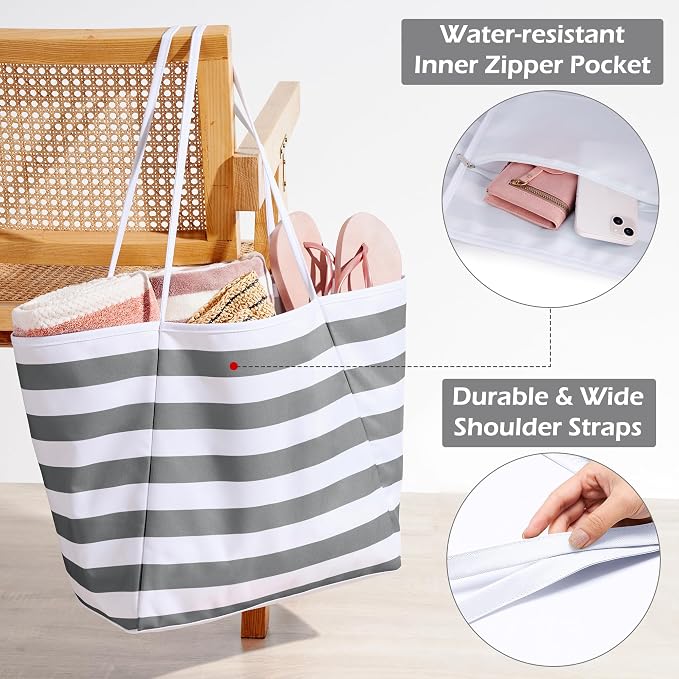 KALIDI Beach Tote Bag Women Large Waterproof Sandproof Shoulder Handbags | Foldable Grocery Bag Striped Pool Bag Lightweight Travel Purse for Picnic Travel Vacation Casual Errands Everyday Daily - Image 6