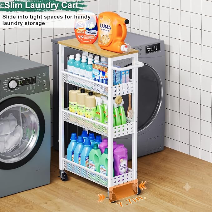 Laundry Room Slim Rolling Cart with Wheels for Between Washer and Dryer Gap | Utility Narrow Laundry Room Organization and Storage Shelves, White Skinny Shelf with Table Top,Detergent Organizer Cabinet - Image 3