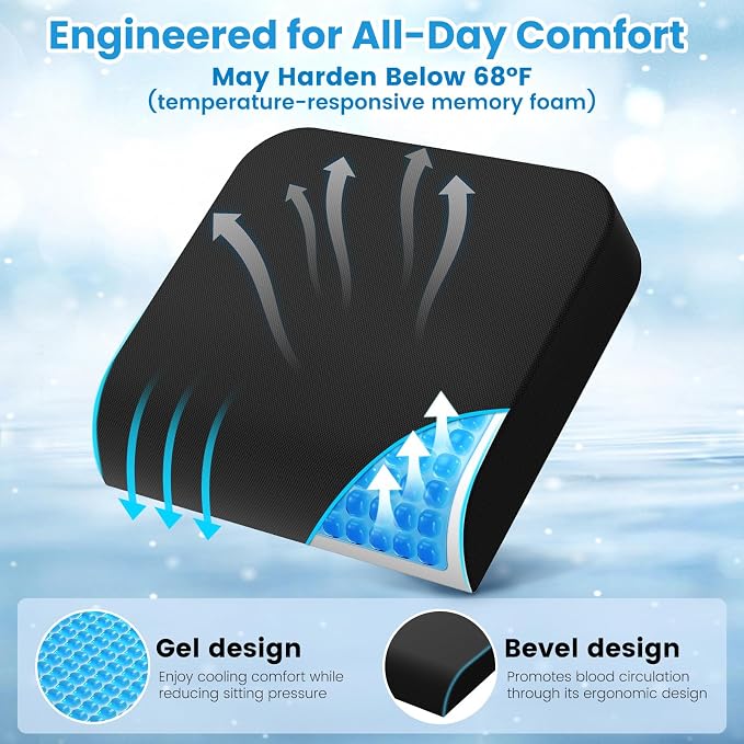 Wheelchair Seat Cushion Cooling Gel Memory Foam Chair Cushion | Pressure Relief, Slope-Edge Design, Coccyx Support for Tailbone Pain, Non-Slip, for Wheelchairs, Office Chairs & Car Seats - Image 6