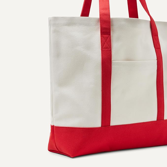 Amazon Essentials Unisex Adults' Large Heavy Duty Canvas Beach Tote Bag, Natural/Red, One Size - Image 3