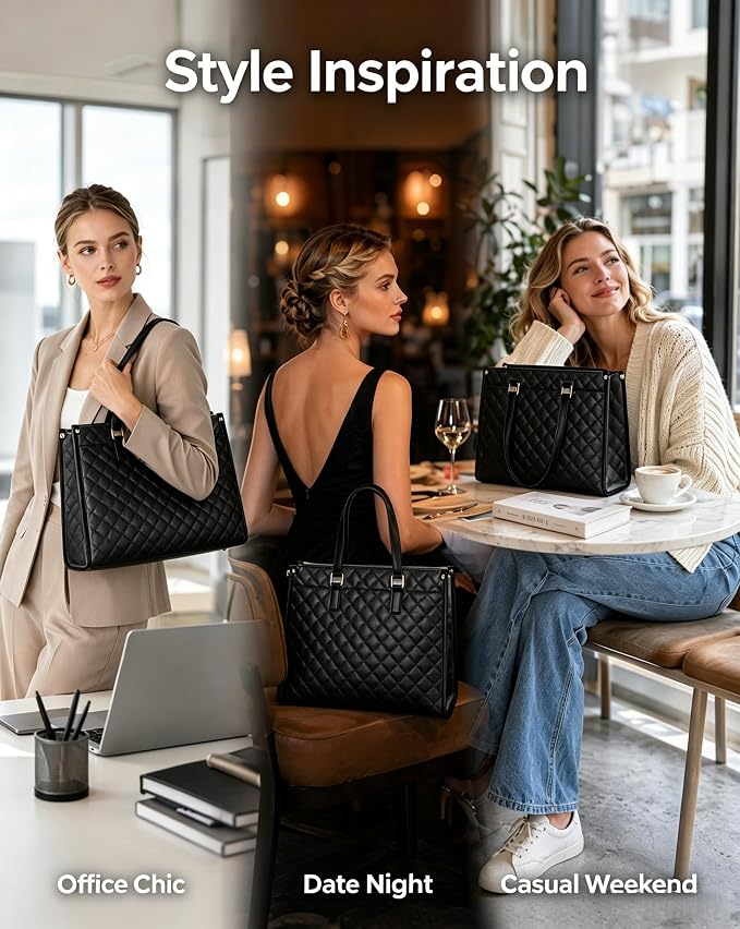 2 in 1 Tote Bag Lunch Bag Combo,Lunch Tote Bag for Women, Large Convertible Laptop Work Handbag for Women (Black) - Image 3