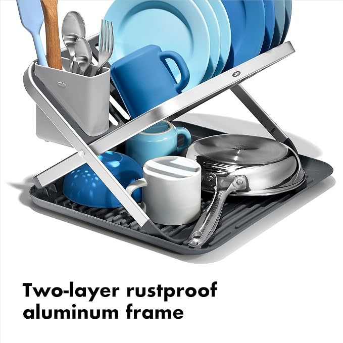 OXO Good Grips Aluminum Fold Flat Dish Drying Rack, 2-Tier, with Drainboard, for Kitchen Counter, Collapsible - Image 3