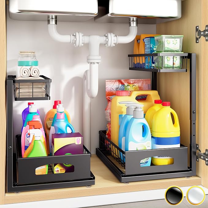 Under Sink Organizer, 2-Pack L-Shaped Metal Pull-Out Drawers for Kitchen | Cabinet Organizer Height Adjustable Heavy Duty Metal 2-Tier Storage Fits Beside Common Pipes for Bathroom Pantry - Image 9