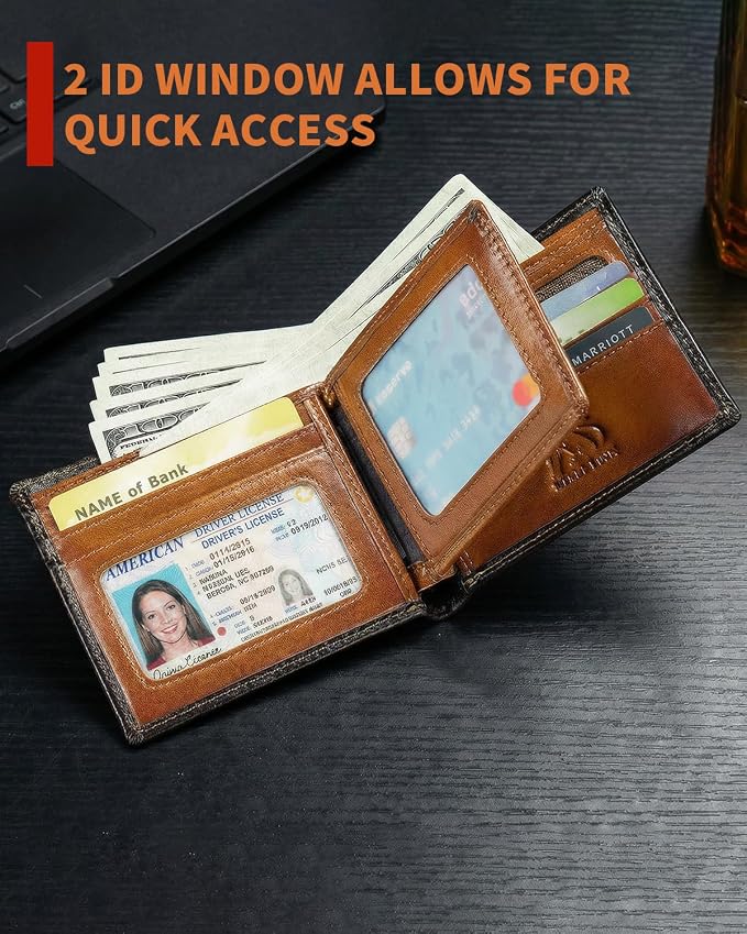 Men's Cowhide Leather RFID Wallet, Slim Bifold (Brown) | 2 Clear ID Windows, 10 Card Slots, Zipper Coin Pocket, Gradient Finish for Business, Travel, Daily Carry and Gifts - Image 4