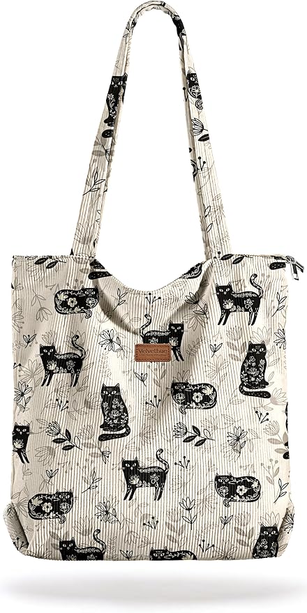 Aesthetic Corduroy Tote Bag with Zipper for Women | Reusable, Fits 14 Inch Laptop, Inner Pocket, double-sided print, Lightweight by VelvetHue