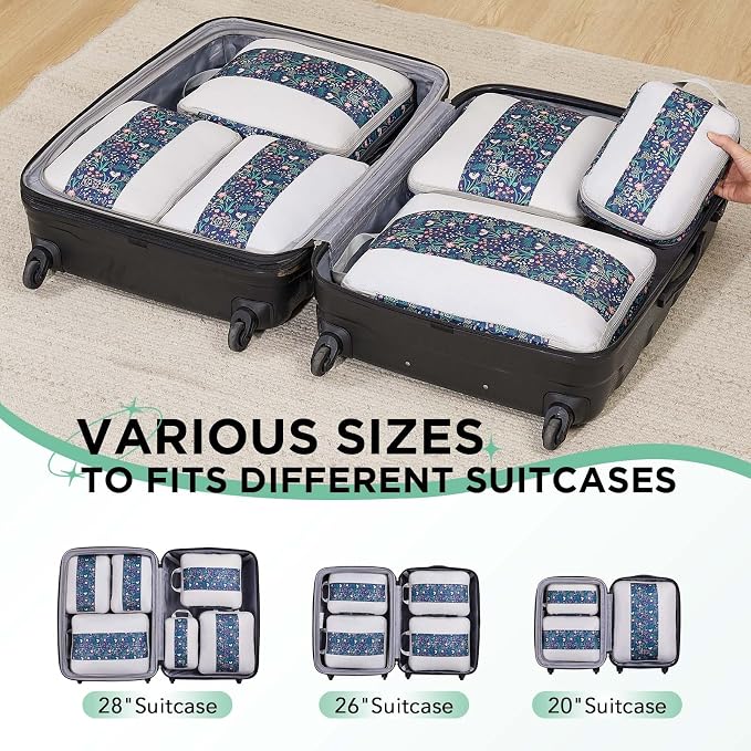 OlarHike 6 Set Compression Packing Cubes for Travel Essentials,Compressible Expandable Space Saver Bags for Organizing Clothes,Luggage Garment Bags with Over 1000 pcs Mesh Holes(Dark Blue Floral) - Image 7