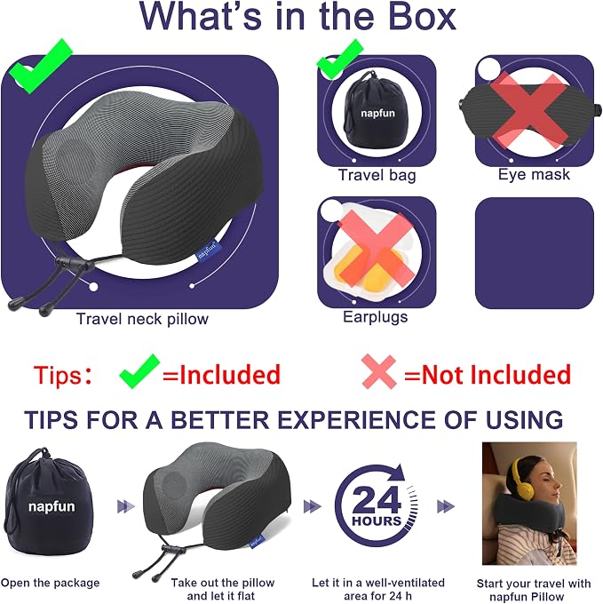 napfun Neck Pillow for Travel, Memory Foam Airplane Pillow, Charcoal Black | 360° Neck Support, Upgraded 100% Memory Foam for Airplane, Car, Train, Bus, Office Sleep, Travel Essentials for Long Flights - Image 5