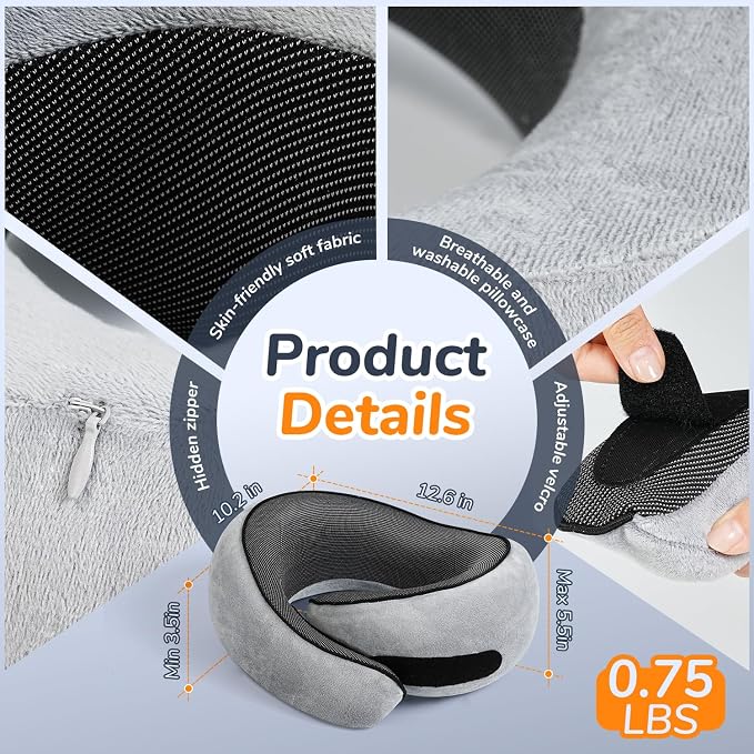 Travel Neck Pillow for Airplane with Eye Mask and Ear Plugs for Sleeping | Head and Chin Support, Ergonomic Memory Foam with Silky-Smooth Washable Cover for Flights, Road Trips & Office Naps - Image 6