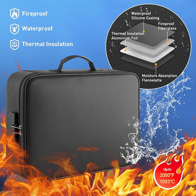 Fireproof Waterproof Document Bag with Lock for Important Files | Zipper Closure, Fits Laptop & Passport, Portable Travel Case, Secure Document Storage - Image 2