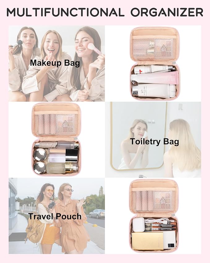Relavel Small Pink Cosmetic Bag with 2 Makeup Brush Holders, Pink Strip | 2-Layer Travel Makeup Bag, Portable Compact Makeup Pouch for Women, Cute Toiletry Bag with Double Layer Organizer - Image 9