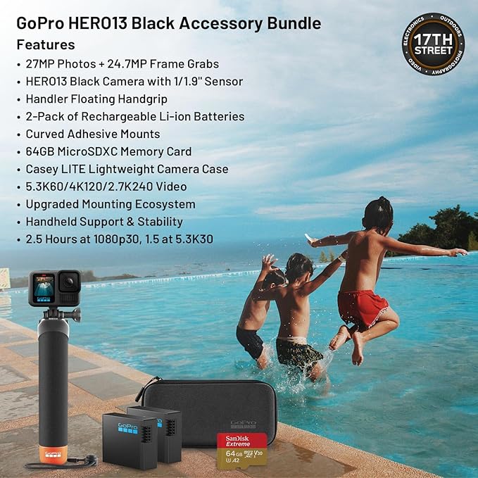 GoPro HERO13 Waterproof Action Camera (Black), 5.3K60 27MP, 2 Battery, Kit | GoPro bundle Includes Handler floating handgrip, 2 Enduro 1900mAh batteries, 64GB Extreme microSDXC card, Head Strap 2.0 Kit - Image 4