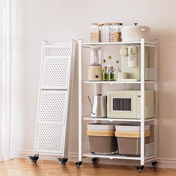 Folding Storage Shelves No Assembly, 4 Tier Foldable Storage Shelves with Wheels, Rolling Collapsible Rack for Pantry Laundry Room Kitchen, White by Unknown