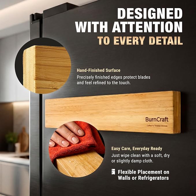 Magnetic Knife Holder for Wall, 16 Inch Bamboo Knife Strip, Wooden Knife Rack with Strong Magnets, Wall Mounted Kitchen Utensil Organizer & Storage Bar - Image 5