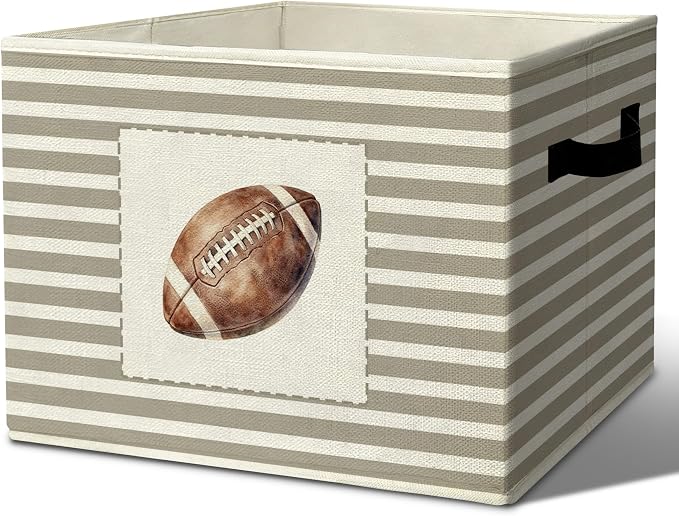 Rustic Football Storage Bins Boxes Handles | grey striped nursery foldable basket for organizing bedroom toddler playroom by Unknown