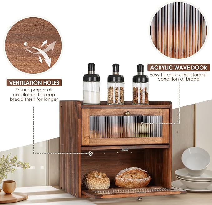 Sunhoo Bread Box for Kitchen Countertop Wooden Bread Storage Container Bin 2 Layer Breadbox Holder Large Capacity Keeper Vintage Farmhouse Food Organizer Pantry Shelf Acrylic Window（Black） - Image 5