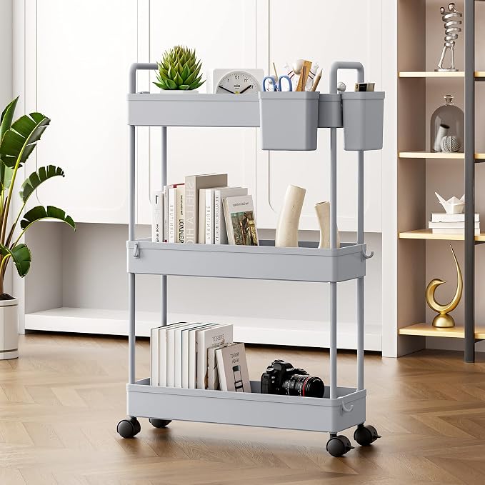 SOLEJAZZ Slim Rolling Storage Cart Skinny Bathroom Organizer, 3 Tier, Gray | Thin utility cart with wheels for bathroom, laundry room, bedside, kitchen, dorm, office, next to fridge, small narrow places - Image 6