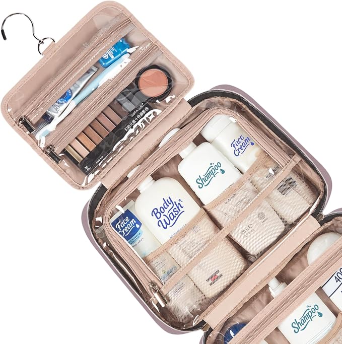 NISHEL Travel Toiletry Bag for women, Portable Hanging makeup Organizer | for Travel-Sized Shampoo, Conditioner, Brushes Set, makeup Accessories, Large Size, Peach Pink - Image 4