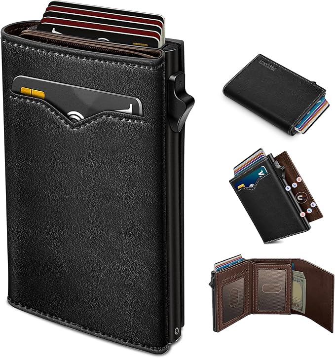Wallet for Men,with Cash Pocket 2 ID Window 9-13 Cards,Metal Case Smart Slim Pop Up Credit Card Holder Flip with Magnetic Closure RFID Blocking Trifold wallet with Gift Box by Miyozi