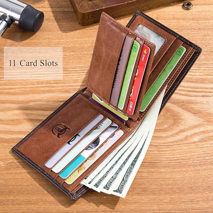 BULLCAPTAIN RFID Wallets for Men,Genuine Leather Wallet QB-05 (Brown) | Slim,Bifold,Front Pocket Wallet, 2 ID Windows,11 Card Slots,RFID Blocking Technology,Gift Choice - Image 4