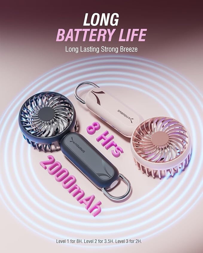 SABRENT ChillyPop Mini Rechargeable Personal Fan, USB-C, Pink | Lightweight quiet cooling; rechargeable USB-C; pocket-sized; travel & makeup fan; pink - Image 3