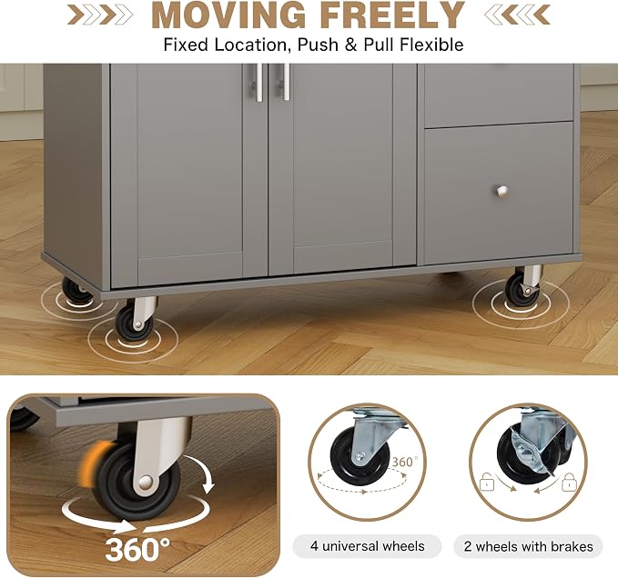 Shintenchi Kitchen Island with Folding Drop Leaf, Rolling Island Table with Storage, Kitchen Cabinet on Wheels with Seating Area for Kitchen, Bar Cart with Cabinet, Gray - Image 6