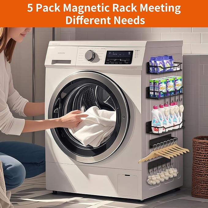 Magnetic Spice Rack,Multifunctional Magnetic Shelf for Washing Machine,Refrigerator,Microwave,and Any Metal Surface,Powerful Magnetic Shelves Include Magnetic Paper Towel Holder (5 pcs - Black) - Image 8
