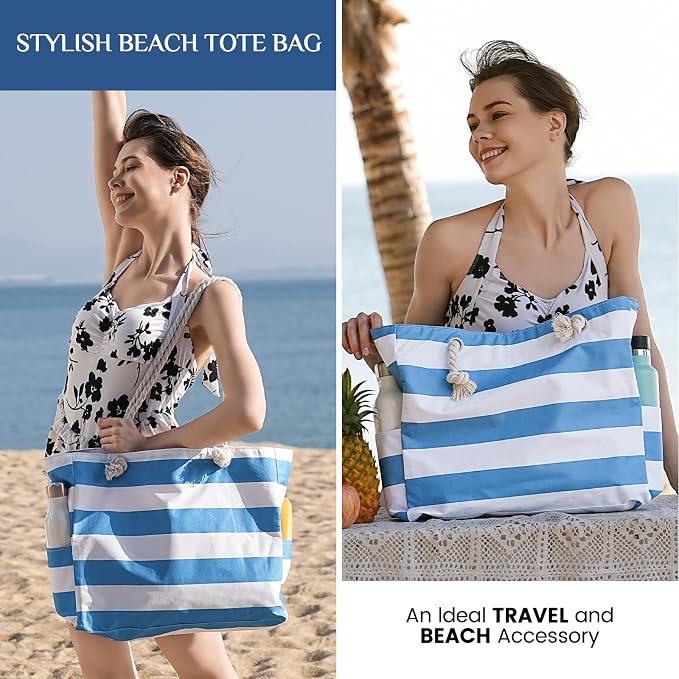 Clothirily Beach Bag for Women, Large Beach Tote Bag Waterproof with Zipper | Large Capacity Swim Pool Bag, Inner Pockets, Sandproof Foldable Beach Tote for Travel Essentials - Image 6