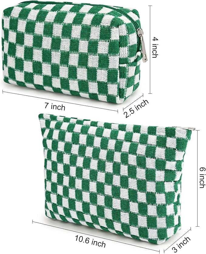 SOIDRAM 2 Pieces Makeup Bag Large Checkered Cosmetic Bag Capacity Canvas Mix Travel Toiletry Bag Organizer Cute Makeup Brushes Aesthetic Accessories Storage Bag for Women, Checkered Mix Green - Image 3